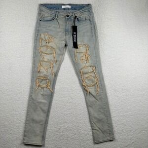 NWT KDNK 11 4 14 11 Mens 32 Light Wash Distressed Slim Fit Jeans Blue Stretch